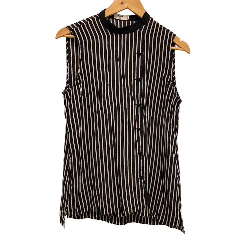 Frame Silk Sleeveless Striped Overlap Blouse